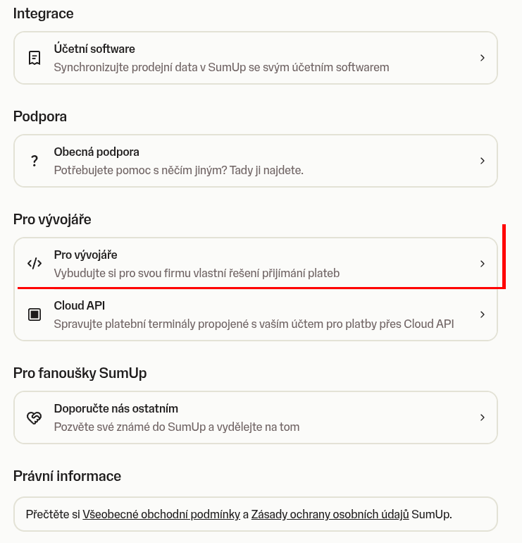 Vstupte do sekce "Pro vývojáře"