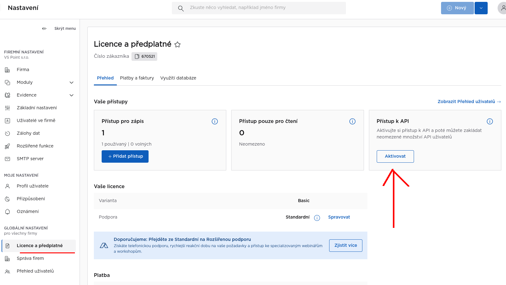 Zkontrolujte licenci k API přístupu